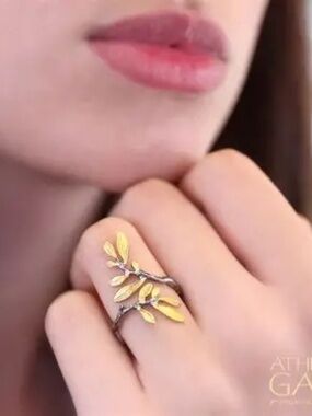 Athena Gaia Stilvi 925 Gold Plated Olive Leaf Bypass Ring Size 8